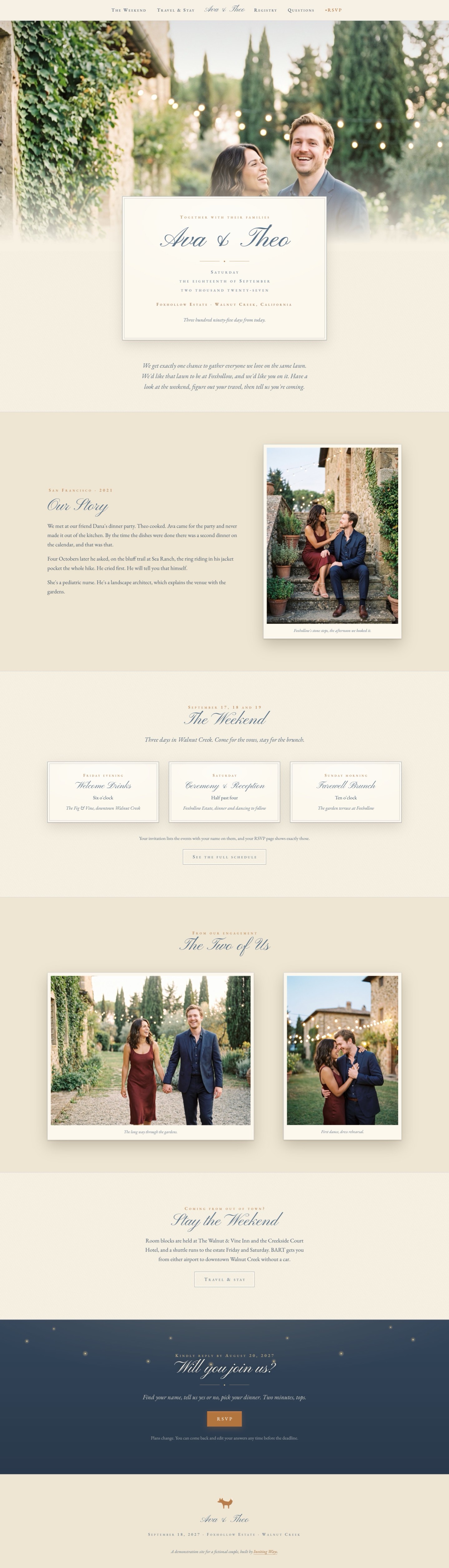 The full Ava and Theo wedding website slowly scrolling: hero photo, their story, the weekend schedule, engagement photos and an RSVP call in matching letterpress style