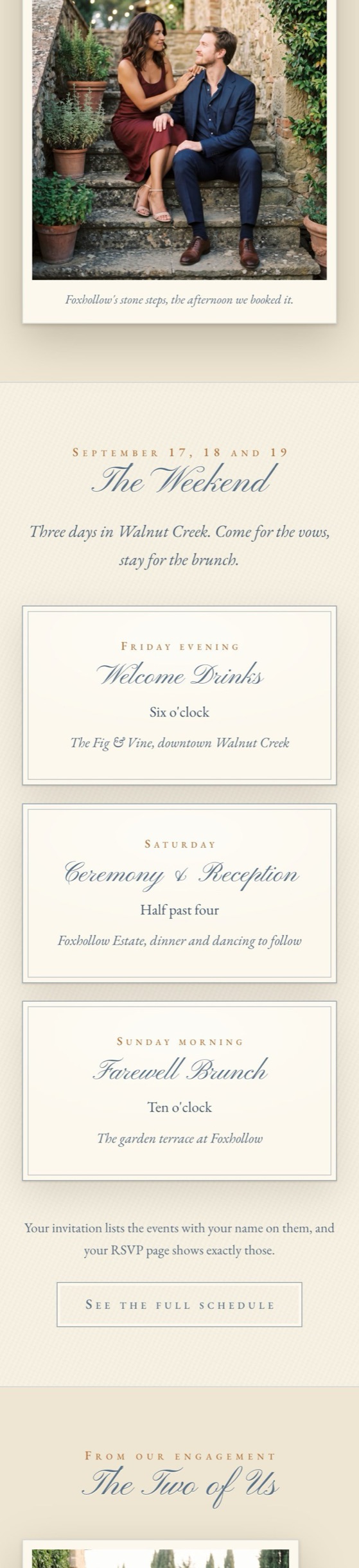 The same couple's wedding website scrolling by on a phone, matching the invitation's dusty blue and copper design