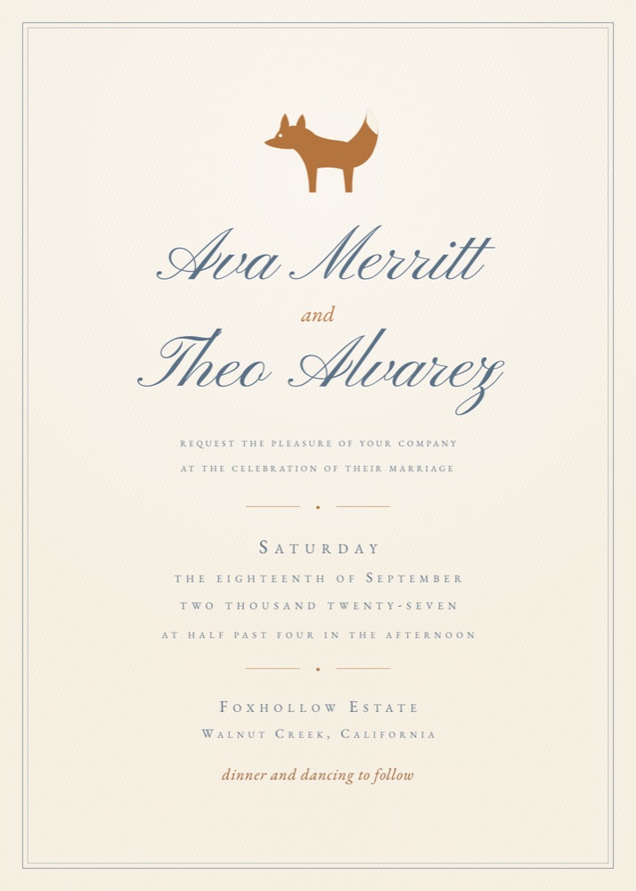 Letterpress wedding invitation for Ava Merritt and Theo Alvarez in dusty blue and copper with a small fox illustration