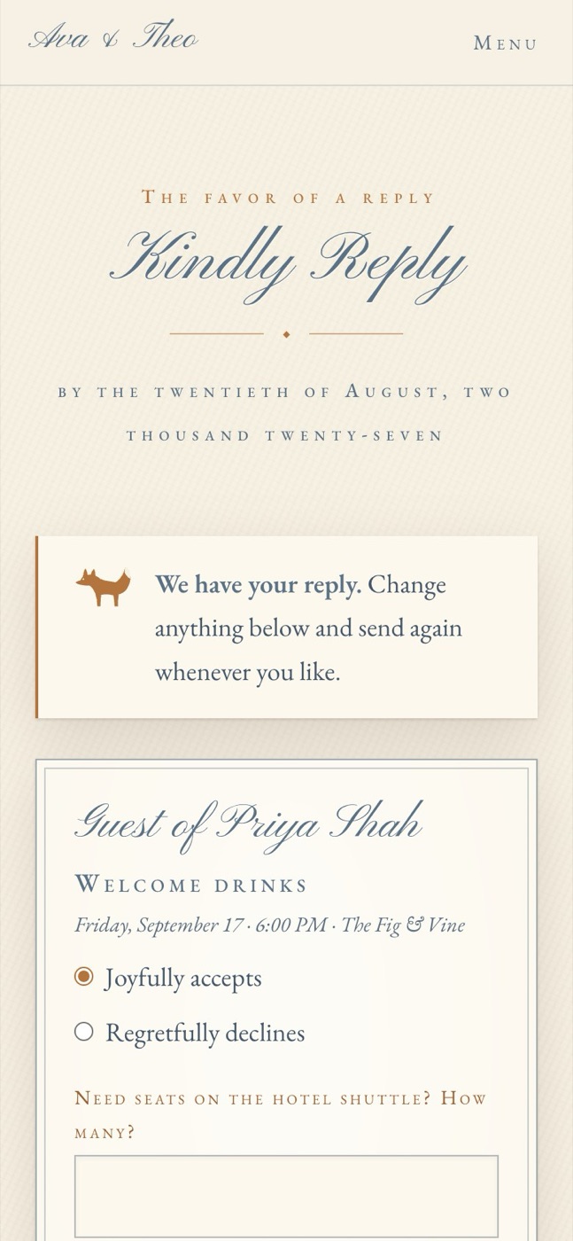 The RSVP page on a phone: a guest of Priya Shah answering welcome drinks with a joyfully accepts option selected